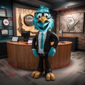 Teal Attorney mascot costume character dressed with a Leather Jacket and Hairpins