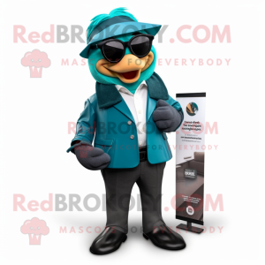 Teal Attorney mascot costume character dressed with a Leather Jacket and Hairpins