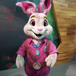 Magenta Wild Rabbit mascot costume character dressed with a Button-Up Shirt and Necklaces