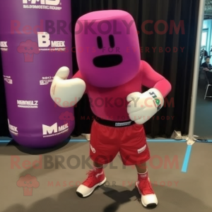 Magenta Boxing Glove mascot costume character dressed with a Bermuda Shorts and Beanies