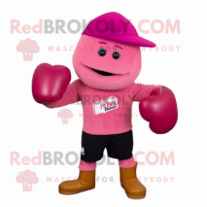 Magenta Boxing Glove mascot costume character dressed with a Bermuda Shorts and Beanies