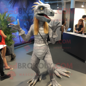 Silver Deinonychus mascot costume character dressed with a Romper and Hair clips