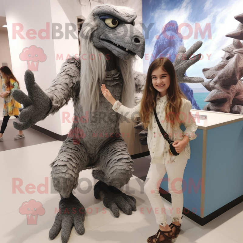 Silver Deinonychus mascot costume character dressed with a Romper and Hair clips Silver Deinonychus mascot costume character dressed with a Romper and Hair clips