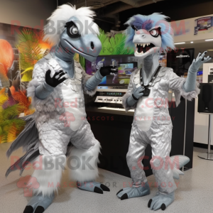 Silver Deinonychus mascot costume character dressed with a Romper and Hair clips