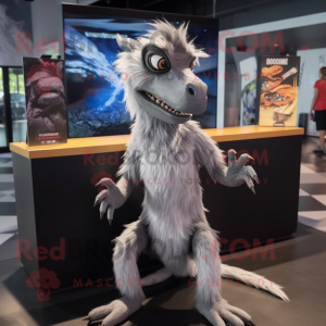 Silver Deinonychus mascot costume character dressed with a Romper and Hair clips