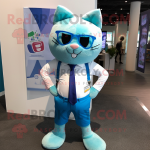 Cyan Cat mascot costume character dressed with a Bermuda Shorts and Tie pins