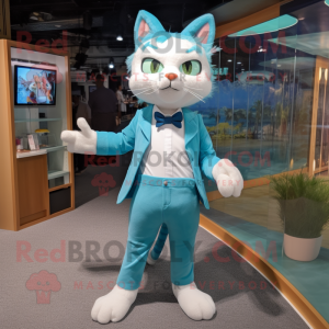 Cyan Cat mascot costume character dressed with a Bermuda Shorts and Tie pins