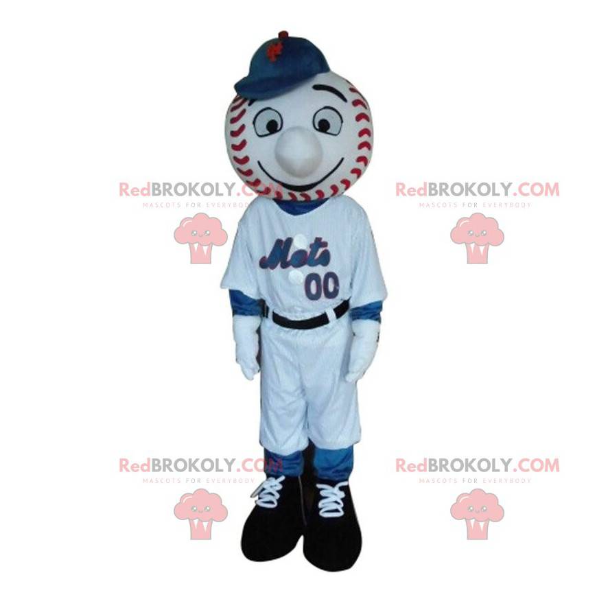 Honkbalspeler mascotte met het hoofd in de vorm van een bal -