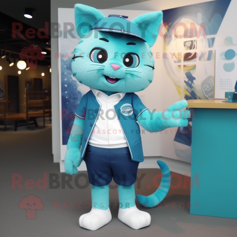 Cyan Cat mascot costume character dressed with a Bermuda Shorts and Tie pins Cyan Cat mascot costume character dressed with a Bermuda Shorts and Tie pins