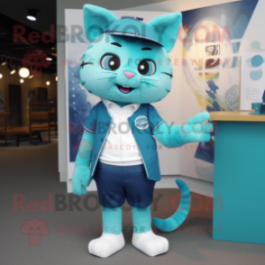 Cyan Cat mascot costume character dressed with a Bermuda Shorts and Tie pins