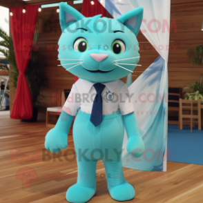 Cyan Cat mascot costume character dressed with a Bermuda Shorts and Tie pins