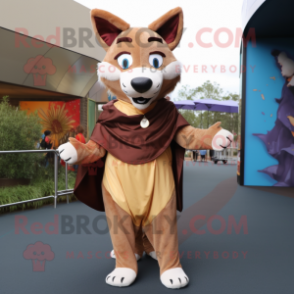 Brown Dingo mascot costume character dressed with a Mini Skirt and Shawl pins