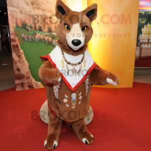 Brown Dingo mascot costume character dressed with a Mini Skirt and Shawl pins
