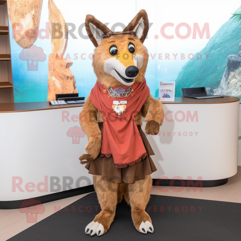 Brown Dingo mascot costume character dressed with a Mini Skirt and Shawl pins