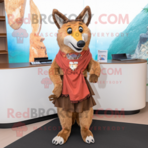 Brown Dingo mascot costume character dressed with a Mini Skirt and Shawl pins