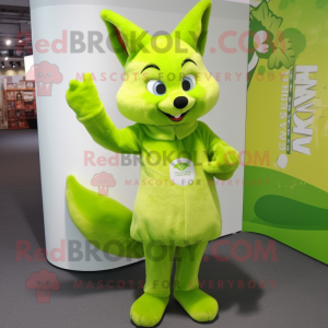 Lime Green Fox mascot costume character dressed with a Empire Waist Dress and Mittens