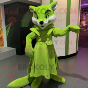 Lime Green Fox mascot costume character dressed with a Empire Waist Dress and Mittens