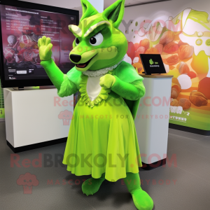 Lime Green Fox mascot costume character dressed with a Empire Waist Dress and Mittens