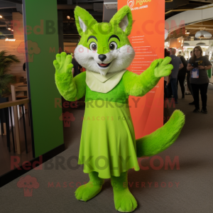 Lime Green Fox mascot costume character dressed with a Empire Waist Dress and Mittens