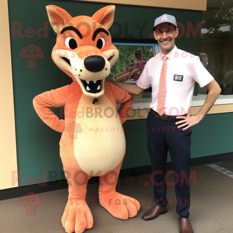 Peach Thylacosmilus mascot costume character dressed with a Henley Shirt and Ties
