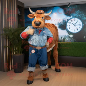 Rust Zebu mascot costume character dressed with a Denim Shorts and Digital watches
