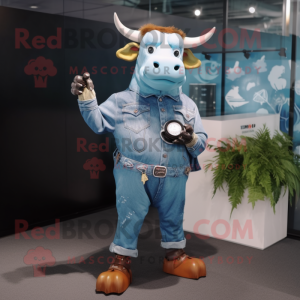 Rust Zebu mascot costume character dressed with a Denim Shorts and Digital watches