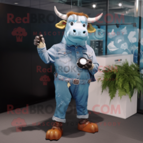 Rust Zebu mascot costume character dressed with a Denim Shorts and Digital watches