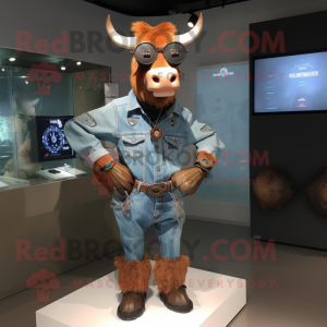 Rust Zebu mascot costume character dressed with a Denim Shorts and Digital watches