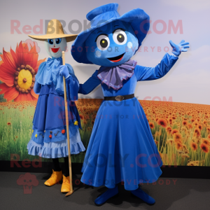 Blue Scarecrow mascot costume character dressed with a Shift Dress and Cummerbunds