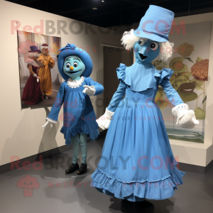 Blue Scarecrow mascot costume character dressed with a Shift Dress and Cummerbunds