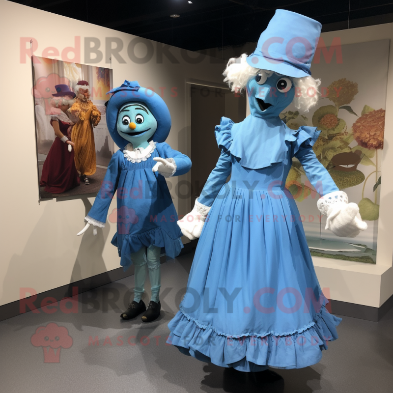 Blue Scarecrow mascot costume character dressed with a Shift Dress and Cummerbunds Blue Scarecrow mascot costume character dressed with a Shift Dress and Cummerbunds