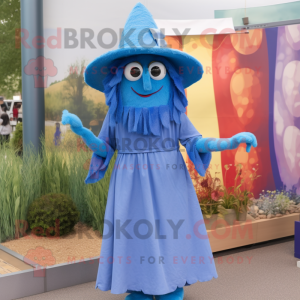 Blue Scarecrow mascot costume character dressed with a Shift Dress and Cummerbunds