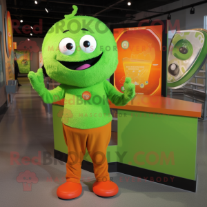 Lime Green Orange mascot costume character dressed with a Henley Shirt and Hairpins