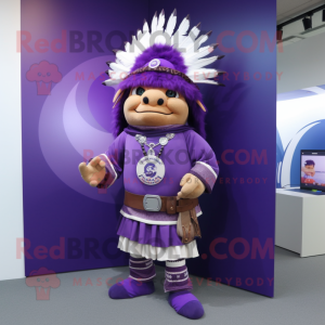 Purple Chief mascot costume character dressed with a Graphic Tee and Cummerbunds