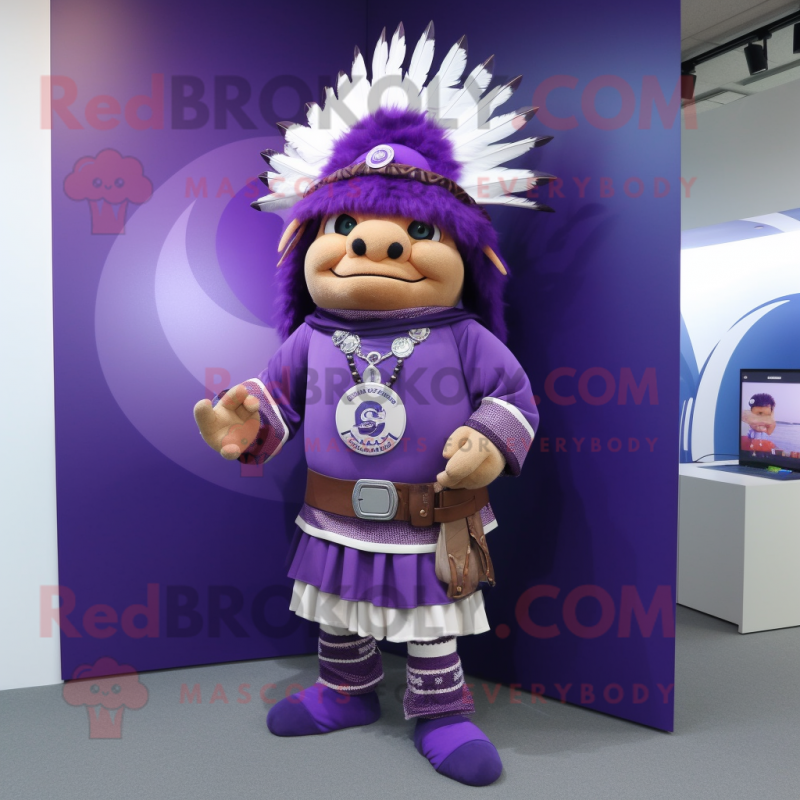 Purple Chief mascot costume character dressed with a Graphic Tee and Cummerbunds Purple Chief mascot costume character dressed with a Graphic Tee and Cummerbunds