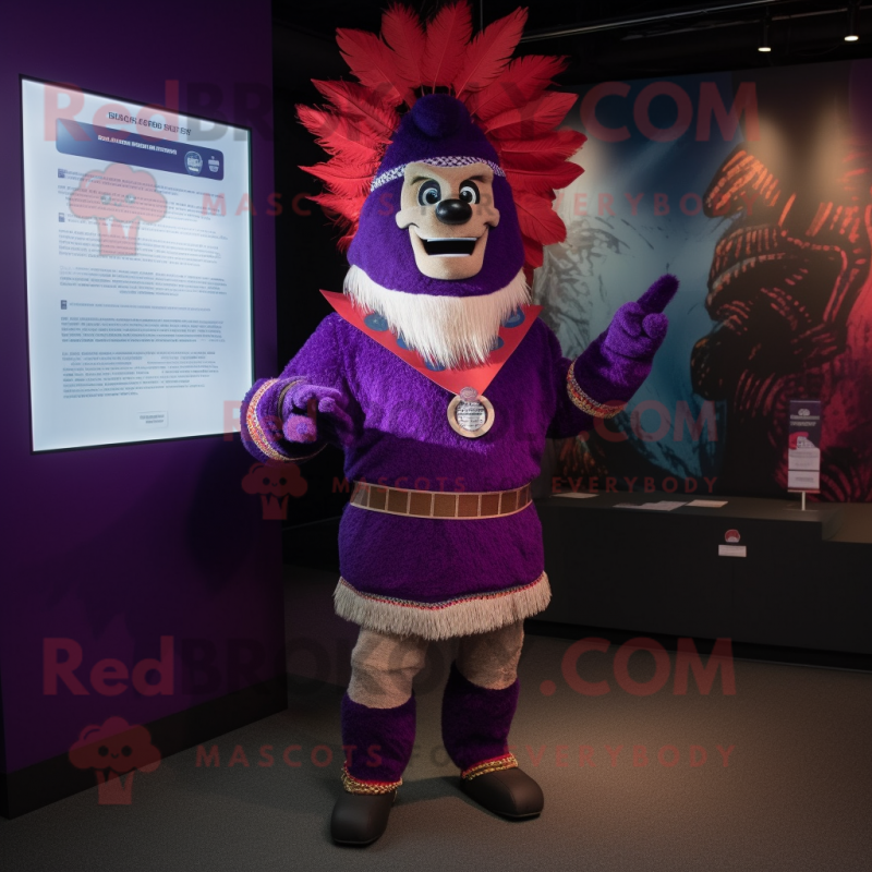 Purple Chief mascot costume character dressed with a Graphic Tee and Cummerbunds Purple Chief mascot costume character dressed with a Graphic Tee and Cummerbunds