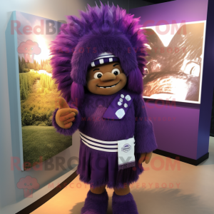 Purple Chief mascot costume character dressed with a Graphic Tee and Cummerbunds