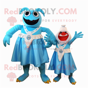 Sky Blue Crab Cakes mascot costume character dressed with a Maxi Dress and Keychains