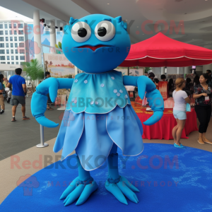 Sky Blue Crab Cakes mascot costume character dressed with a Maxi Dress and Keychains