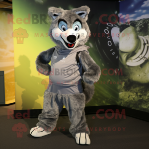 Silver Wolf mascot costume character dressed with a Playsuit and Shoe laces