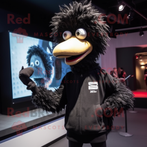 Black Ostrich mascot costume character dressed with a Sweatshirt and Hairpins