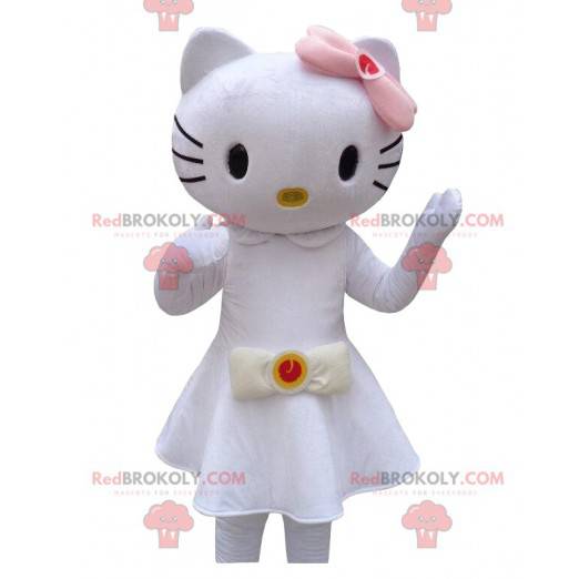 Maskot Hello Kitty oblečený v krásných bílých šatech -