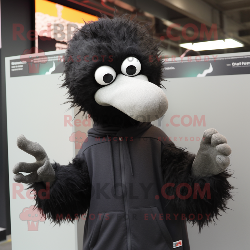 Black Ostrich mascot costume character dressed with a Sweatshirt and Hairpins Black Ostrich mascot costume character dressed with a Sweatshirt and Hairpins