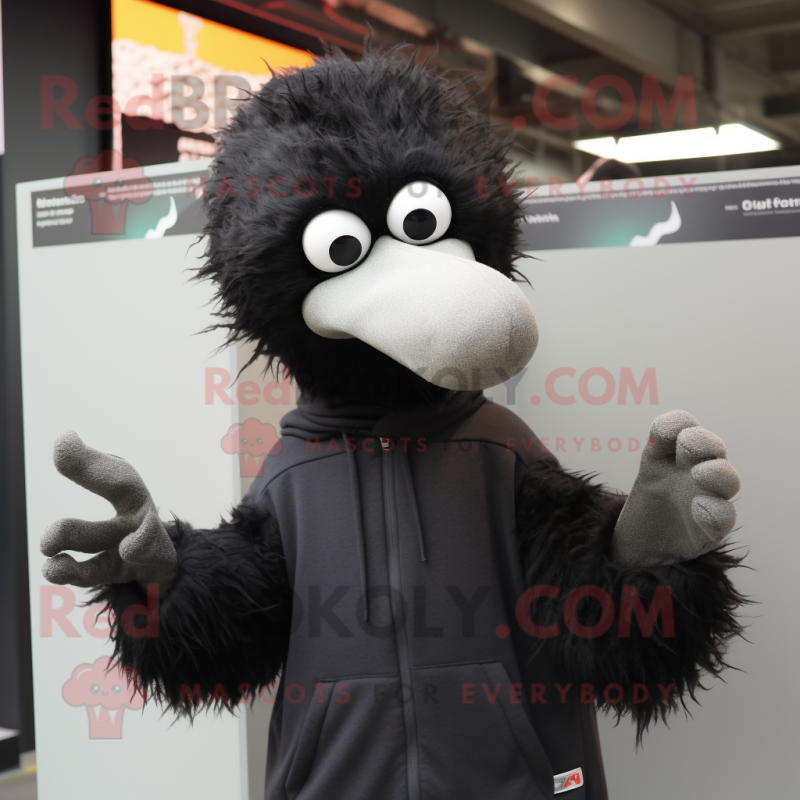 Black Ostrich mascot costume character dressed with a Sweatshirt and Hairpins