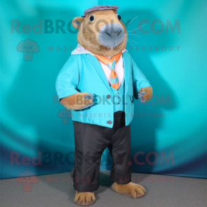 Turquoise Capybara mascot costume character dressed with a Dress Pants and Suspenders