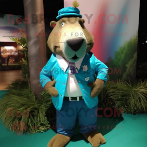 Turquoise Capybara mascot costume character dressed with a Dress Pants and Suspenders