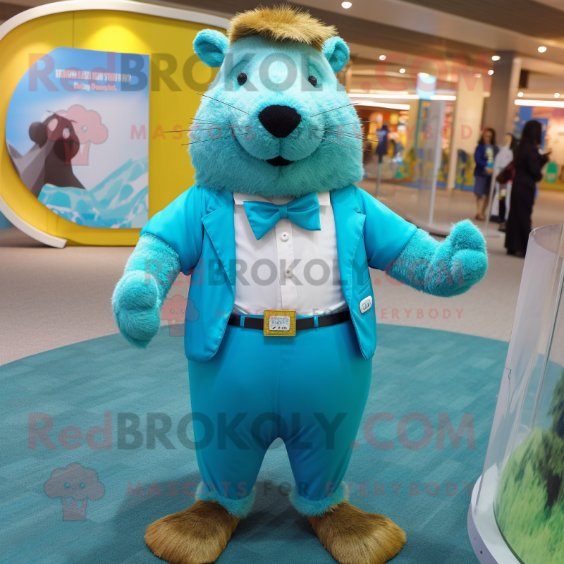 Turquoise Capybara mascot costume character dressed with a Dress Pants and Suspenders