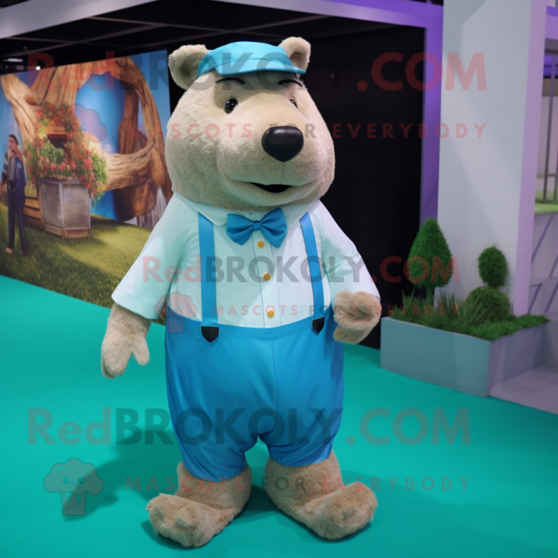 Turquoise Capybara mascot costume character dressed with a Dress Pants and Suspenders