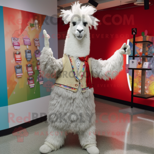 Silver Llama mascot costume character dressed with a Skirt and Lapel pins