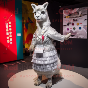 Silver Llama mascot costume character dressed with a Skirt and Lapel pins